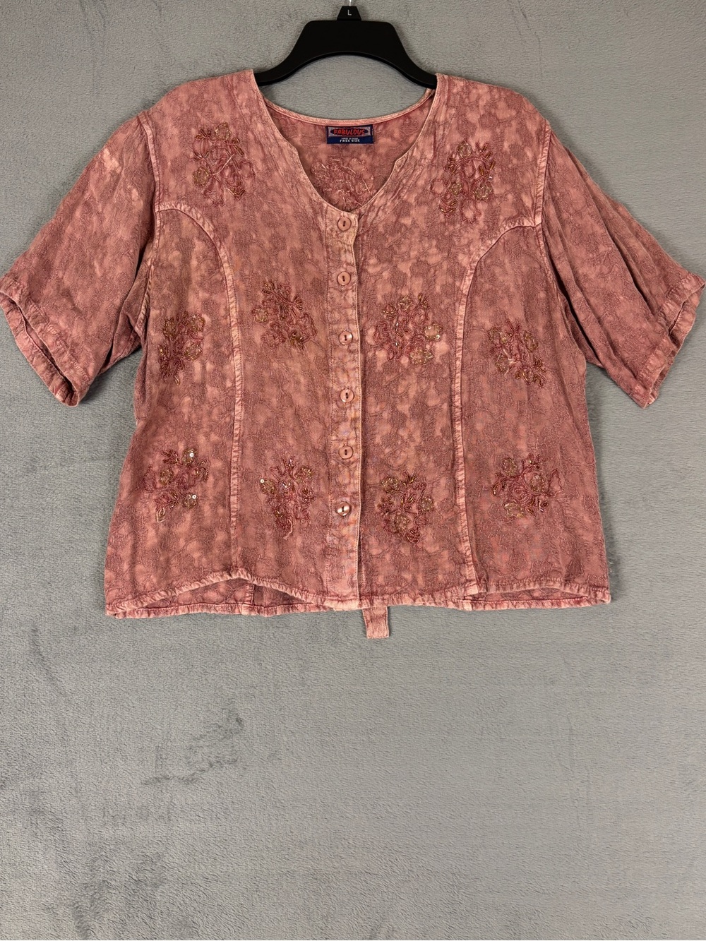 Embroidered Button-Front Blouse - Pink